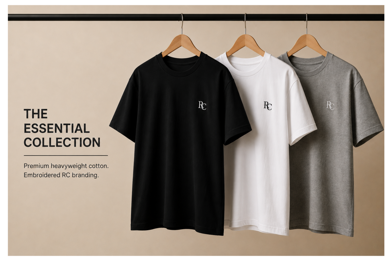 Three t-shirts in black, white, and gray on hangers with RC branding.